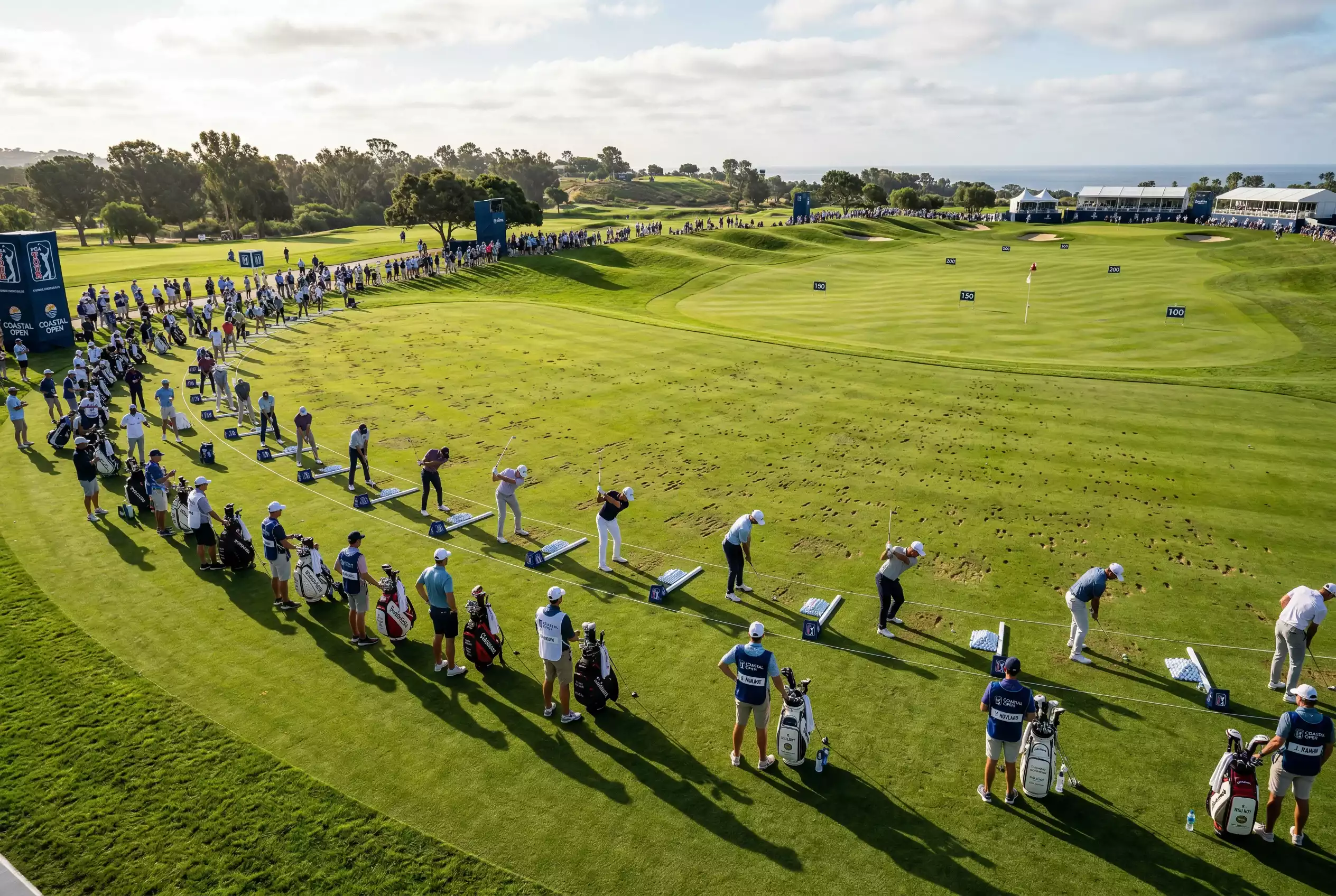 Großes Spielerfeld auf einem Golfplatz bei einem professionellen Turnier