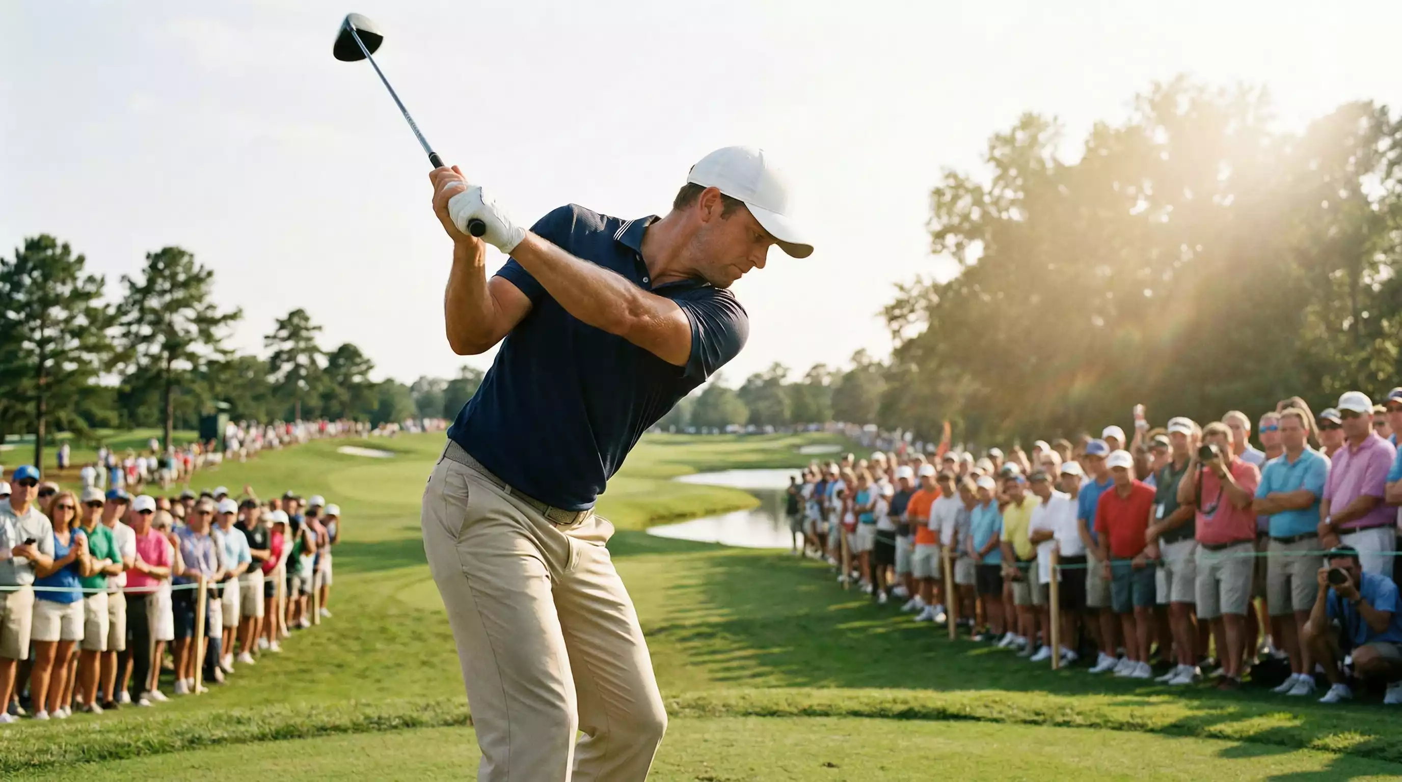 Golfspieler am Abschlag eines Major-Turniers mit Zuschauertribüne